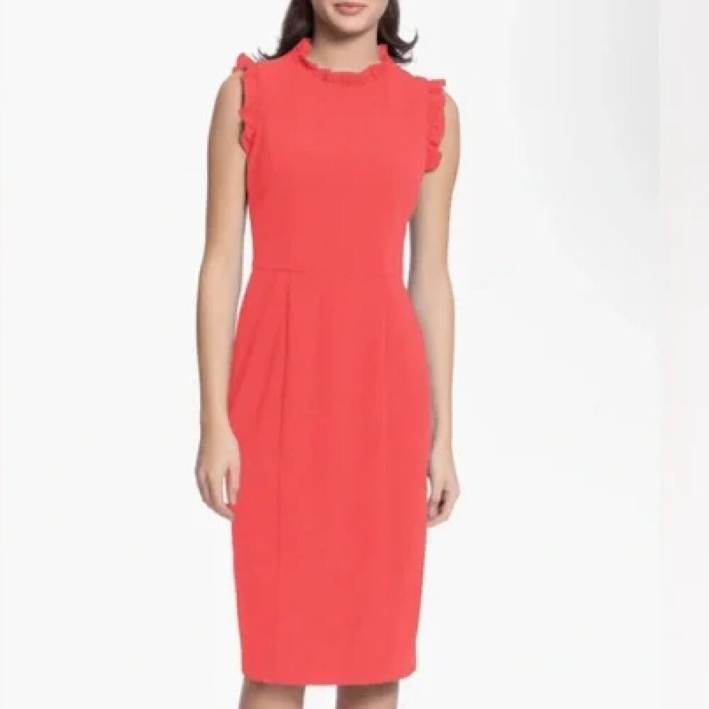 Maggy London Ruffle Neck and Arm Sheath Dress Demi Pink Red Size 4 Small